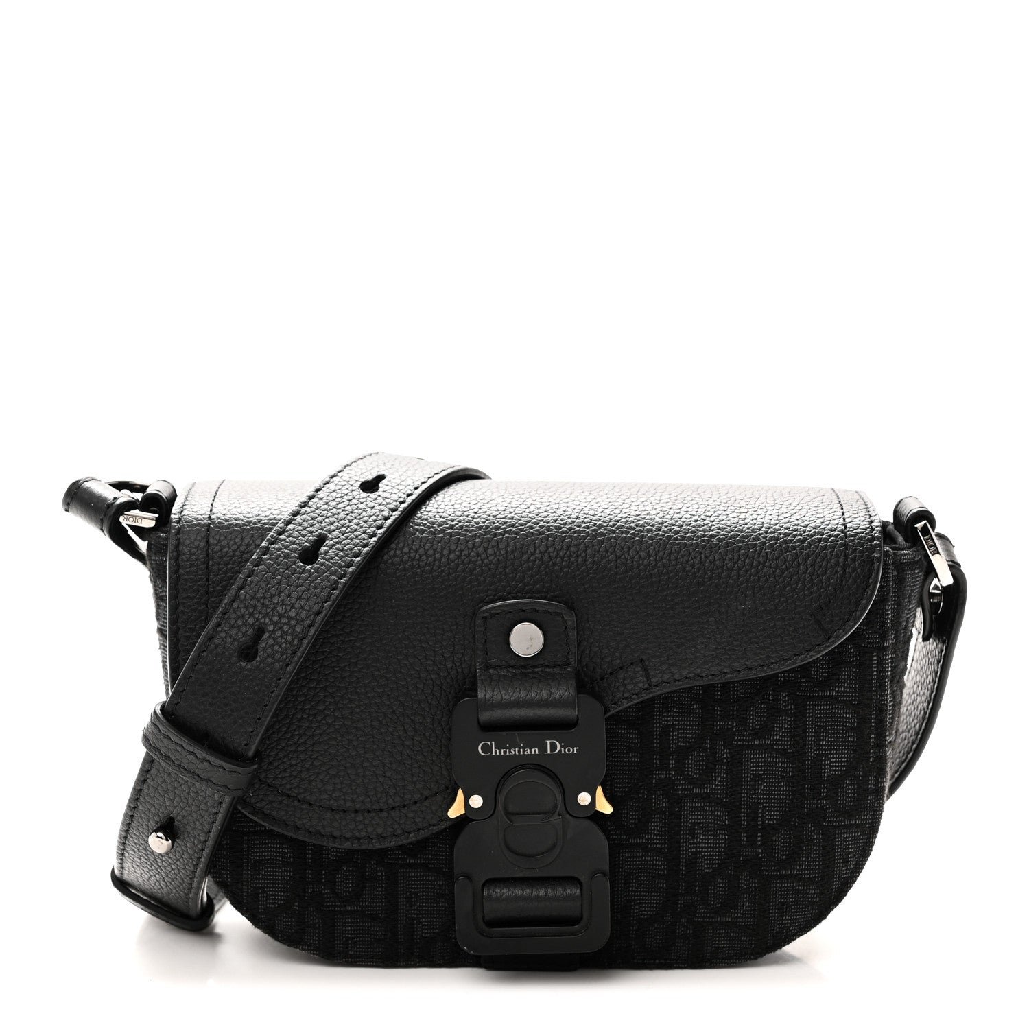 Christian Dior Oblique Jacquard Grained Calfskin Mini Saddle Messenger Bag With Flap Black