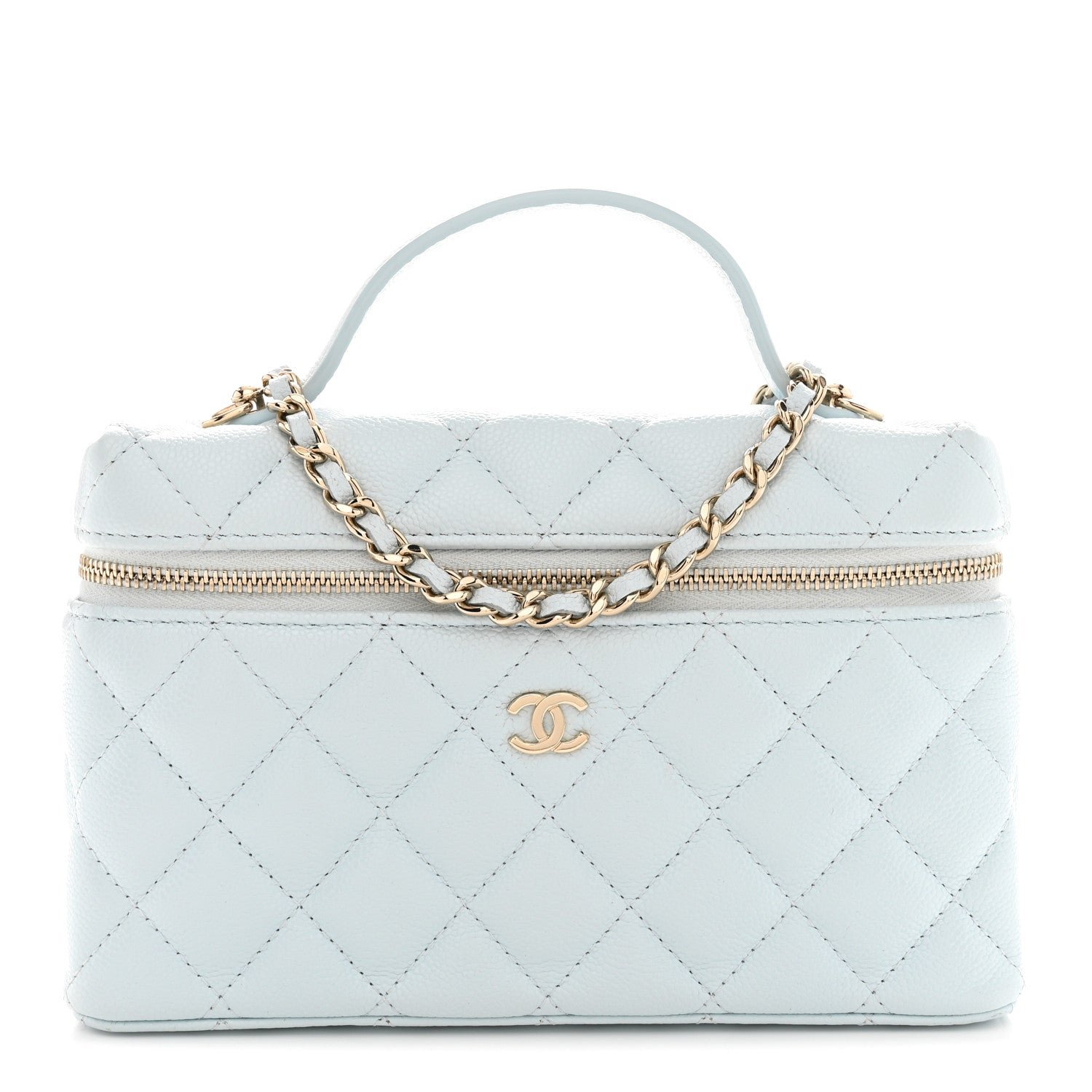 Caviar Quilted Top Handle Slim Vanity With Chain Light Blue