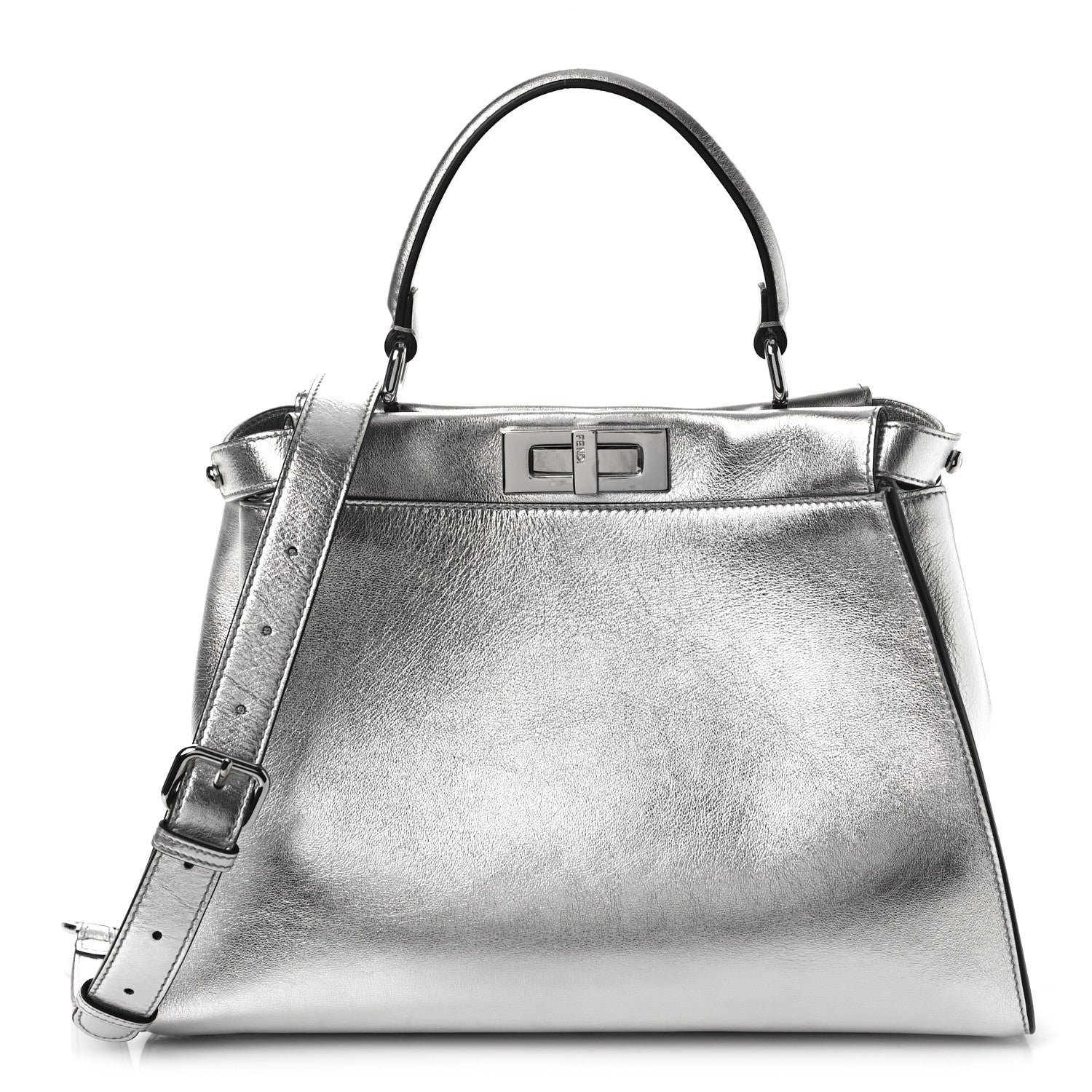 Fendi Vitello Catalan Mirror Medium Peekaboo Iconic Satchel Argento