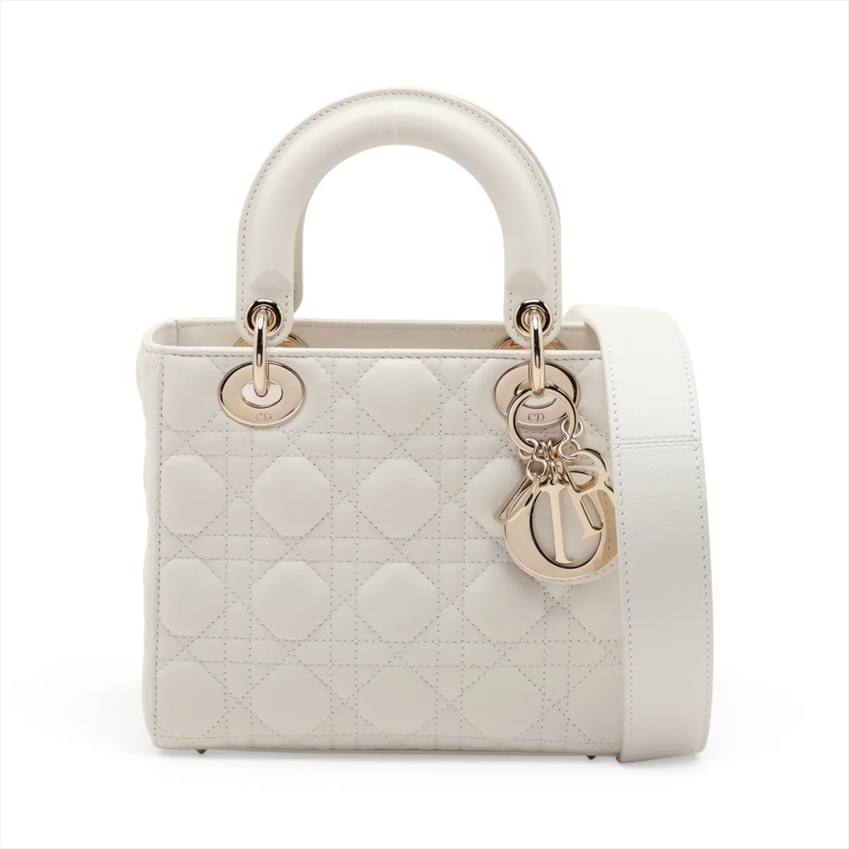 Christian Dior Cannage My Lady Dior Leather 2 Way Handbag White With initial cha