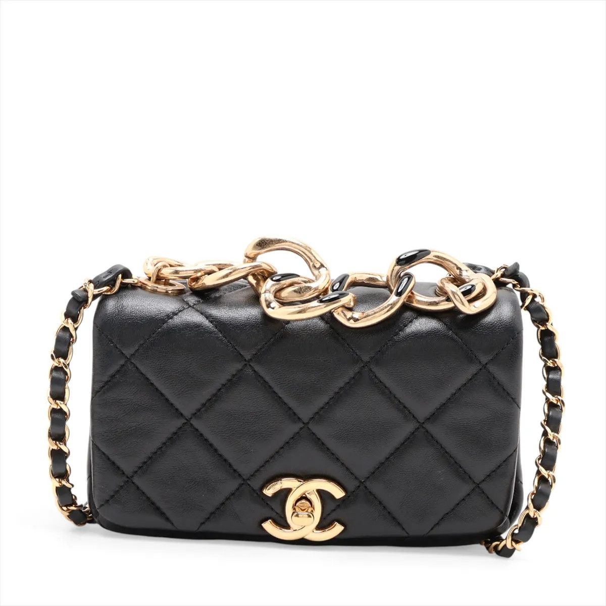 Chanel Mini Matelasse Lambskin Single Flap Single Chain Bag Black Gold Metal Fit