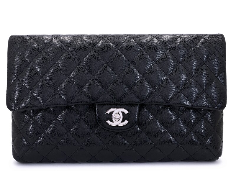Chanel Black Quilted Caviar Timeless Flap Clutch Silver Hardware, 2020