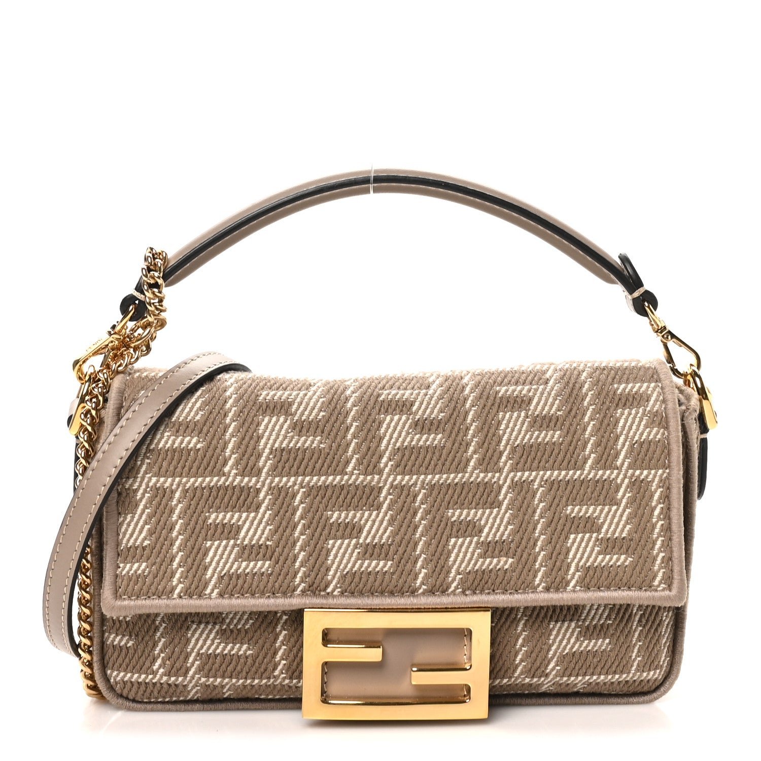 Fendi Denim Jacquard FF Effect Vitello Grace Mini Baguette Dove White Dove