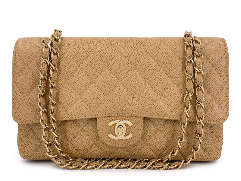Vintage Speckled Beige Quilted Caviar Medium Classic Double Flap Bag Gold Hardware, 2002