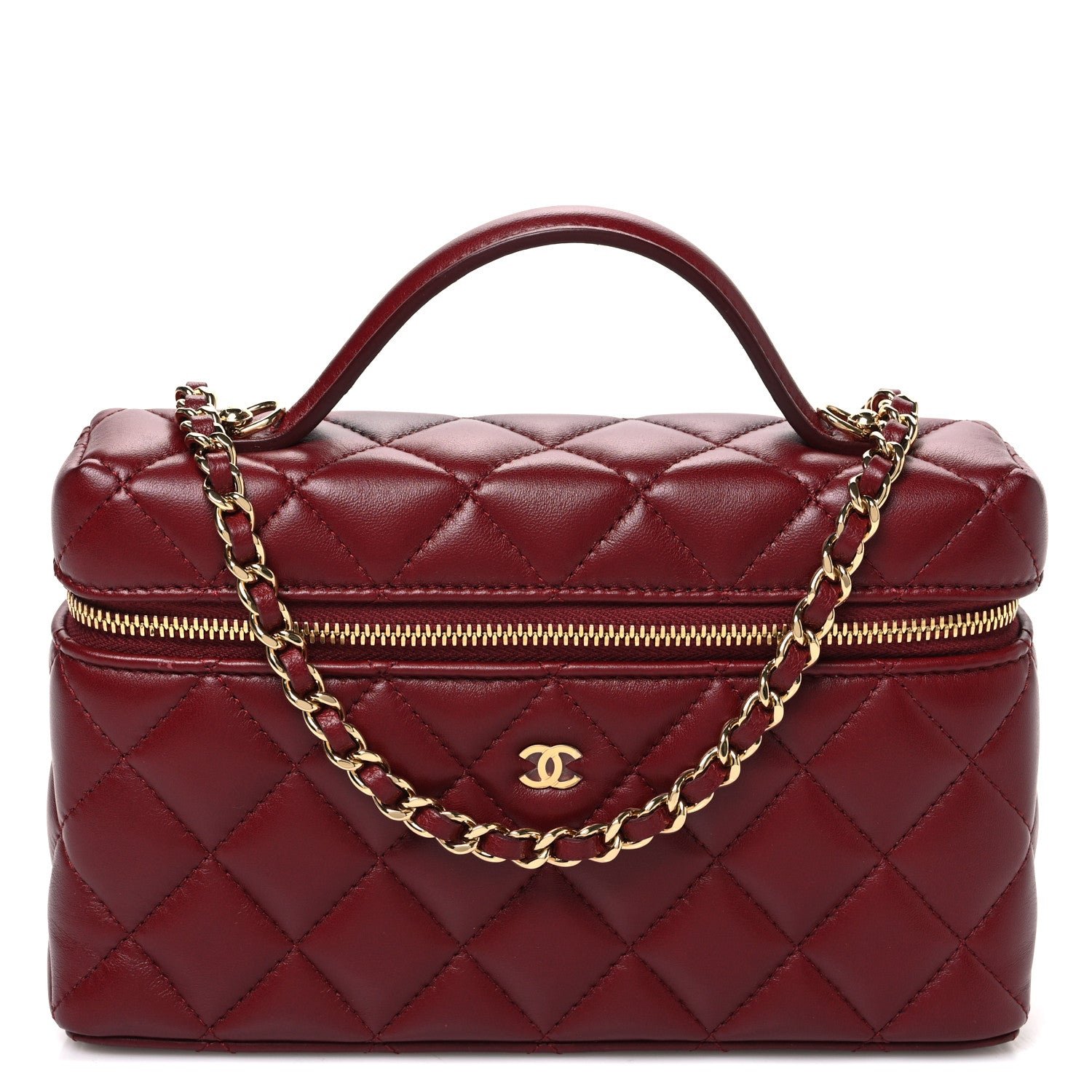 Chanel Lambskin Quilted Top Handle Slim Vanity With Chain Burgundy
