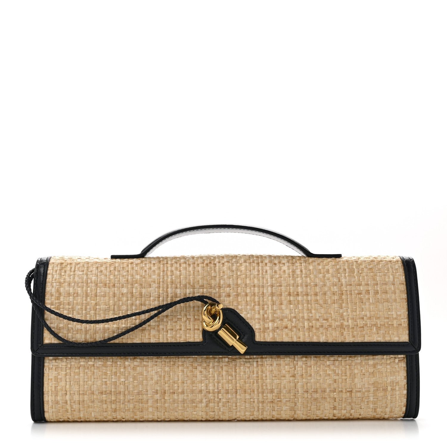 Bottega Veneta Raffia Intrecciato Long Andiamo Top Handle Clutch Natural Midnight