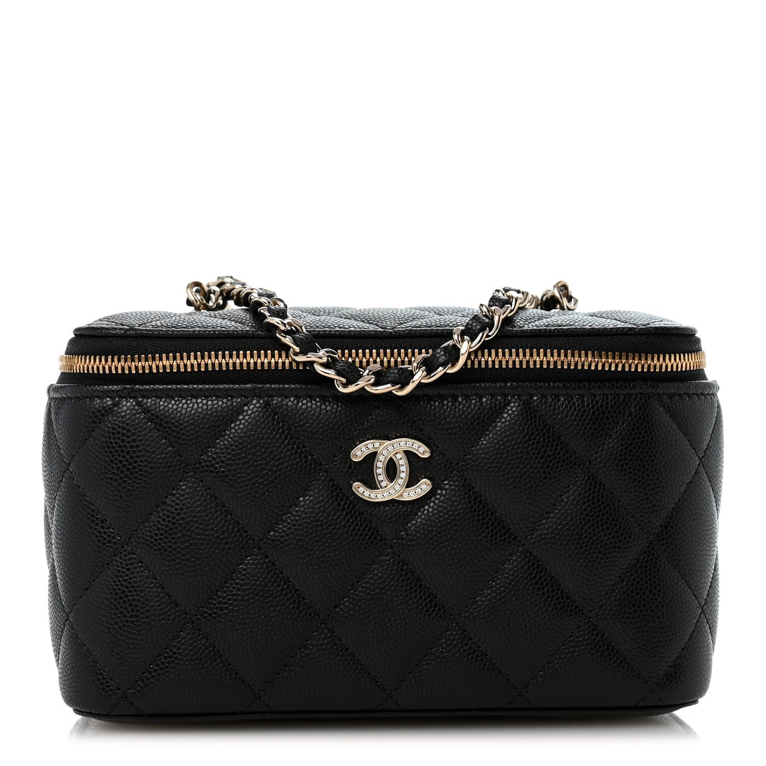 Caviar Quilted Crystal CC Logo Vanity Case With Chain Black