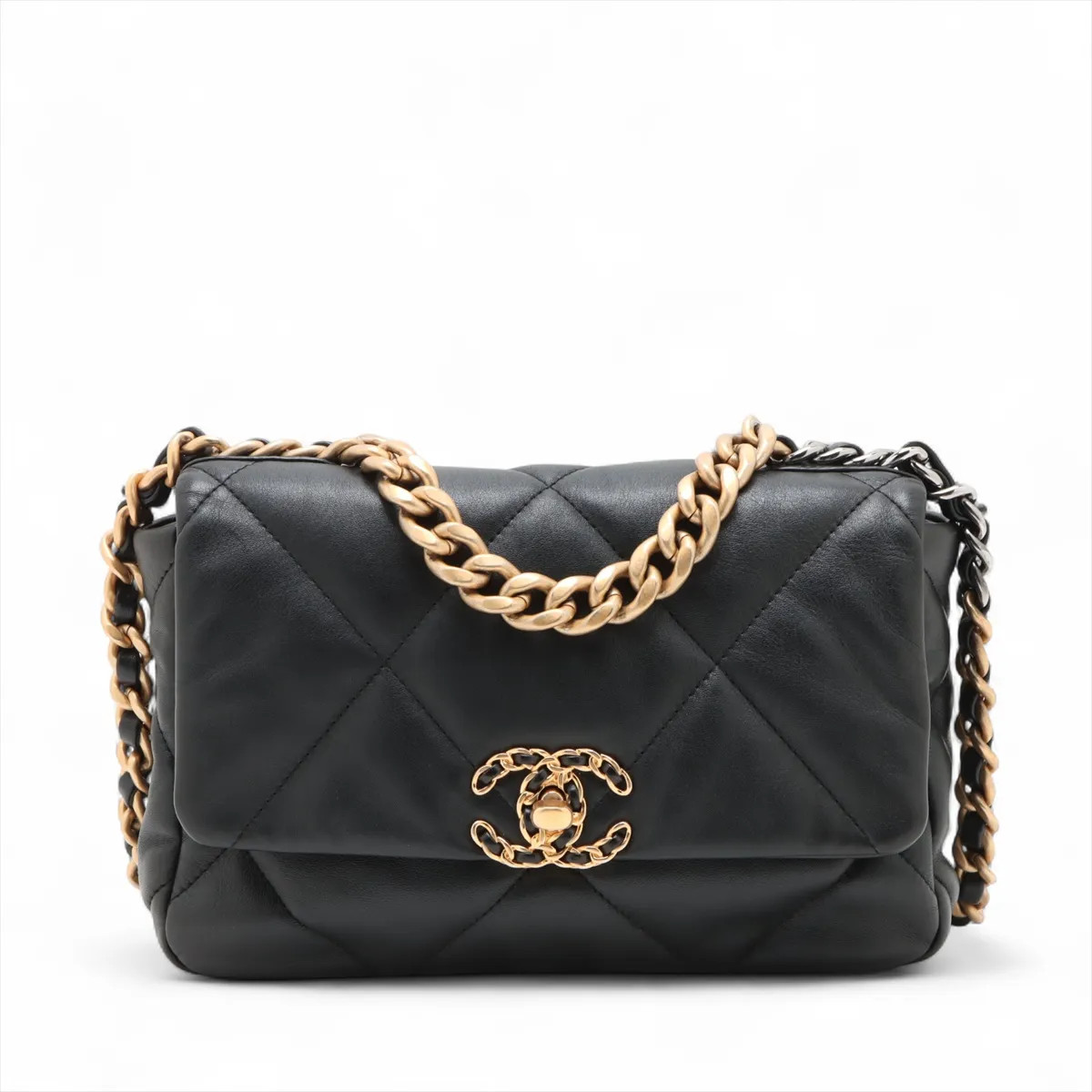 Chanel CHANEL 19 Lambskin Chain Shoulder Bag Black Gold x Silver Metal Fittings