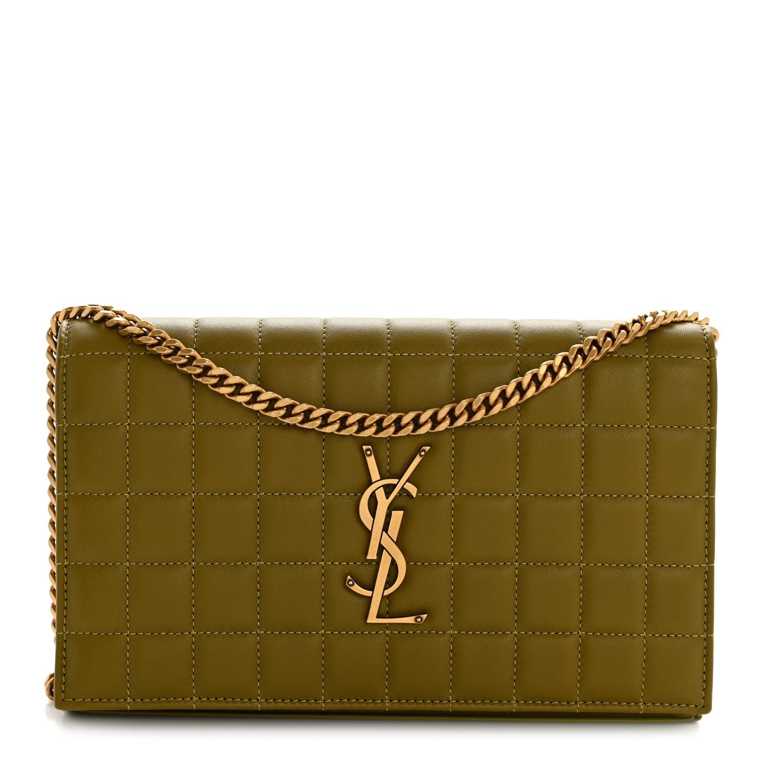 Saint Laurent Lambskin Carre Quilted Cassandre Chain Wallet Olive Drab