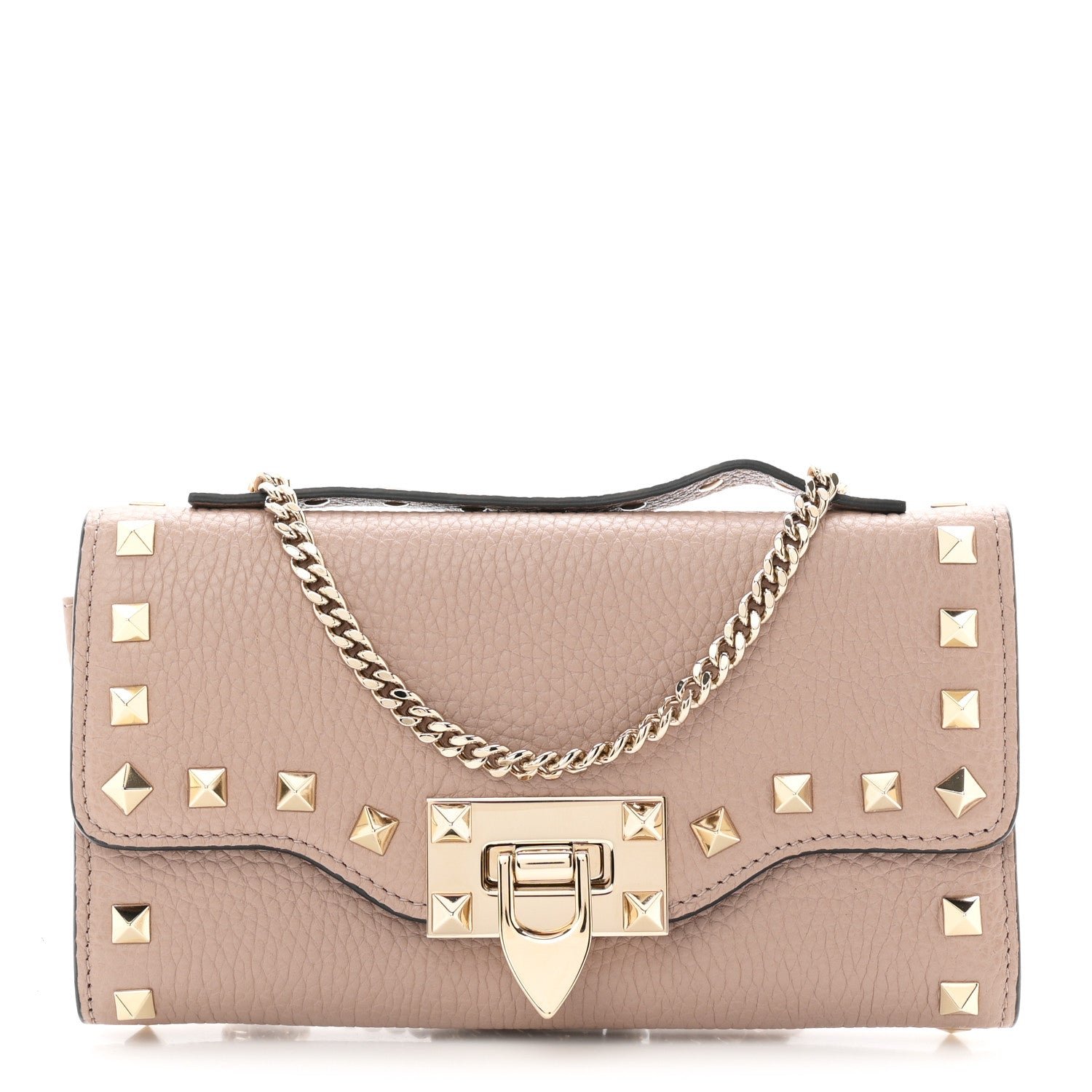 Valentino Garavani Valentino Garavani Pebbled Calfskin Rockstud Flip Lock Wallet On Chain Poudre