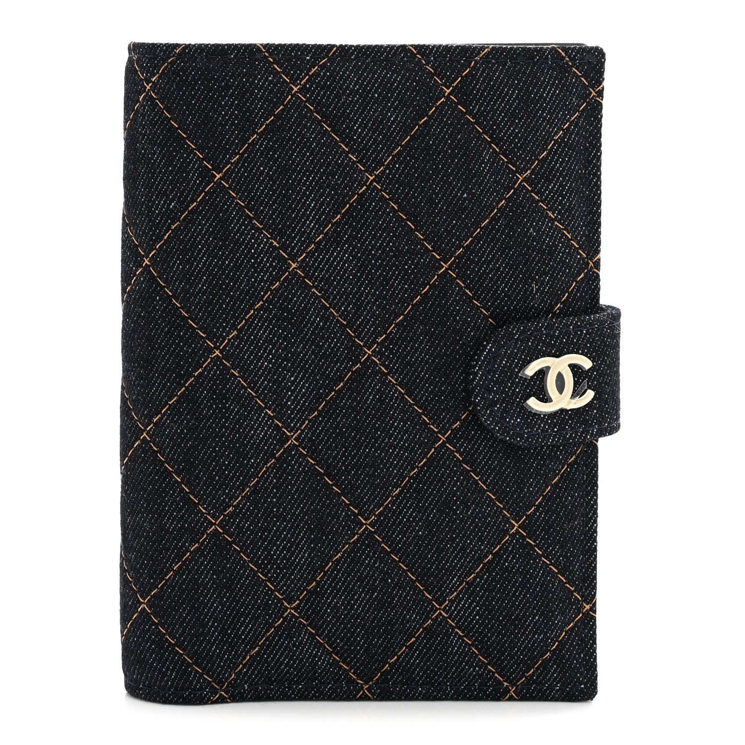 Chanel Denim Quilted Passport Holder Dark Blue Orange