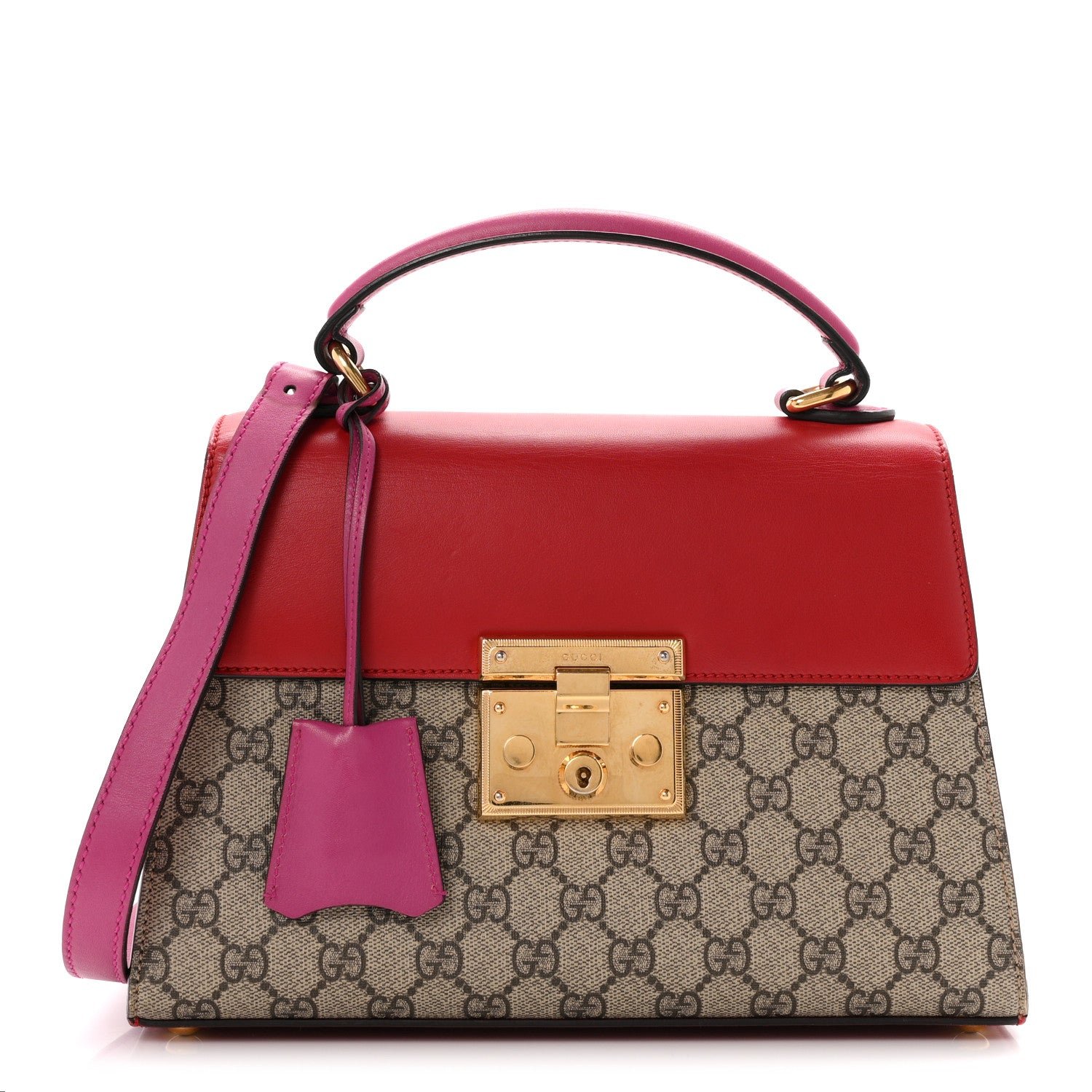 Gucci GG Supreme Monogram Calfskin Small Padlock Top Handle Bag Beige Hibiscus Red New Rosette