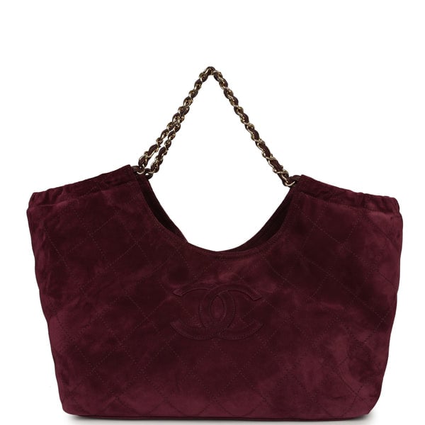 Chanel Small CC Cabas Hobo Bag Burgundy Suede Gold Hardware