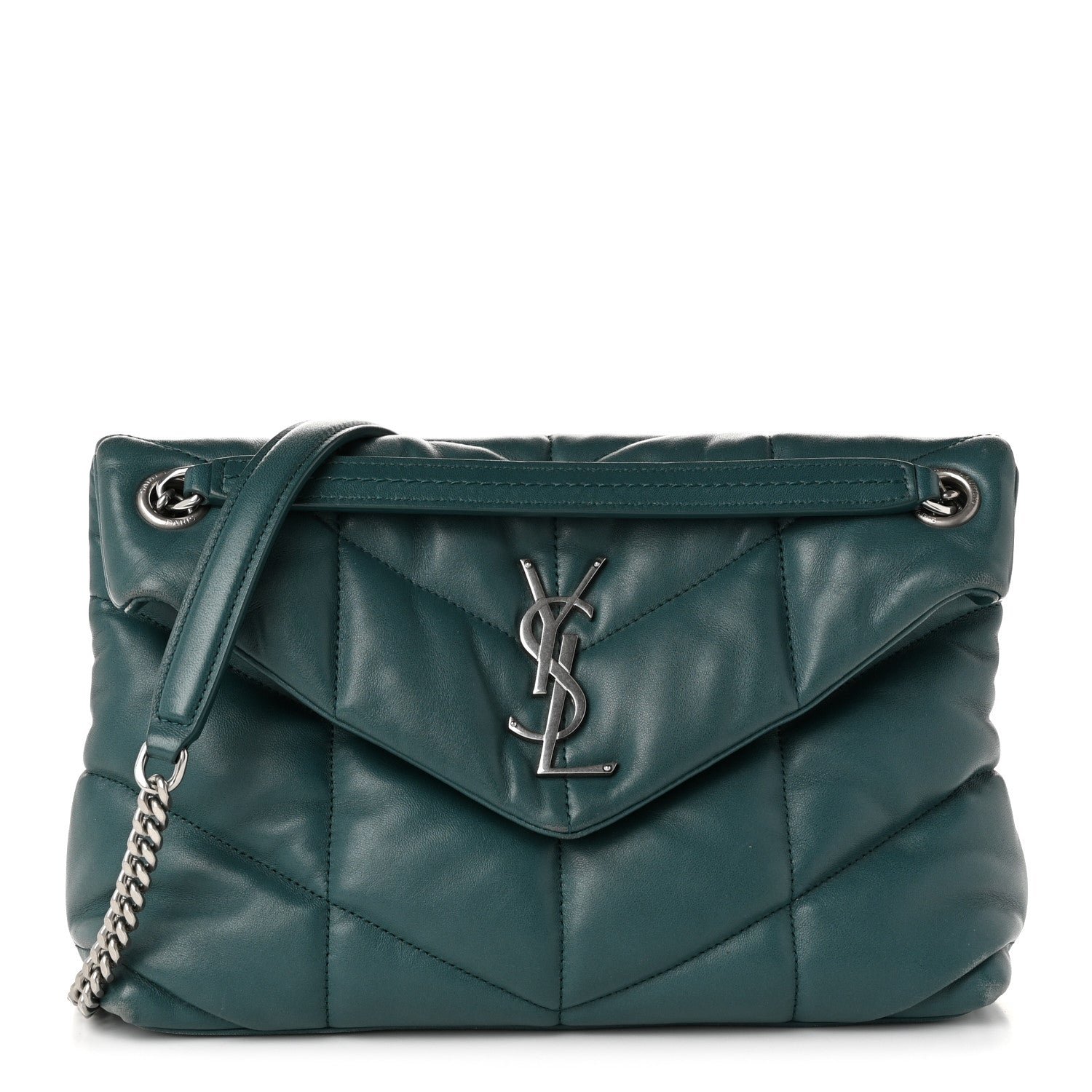 Saint Laurent Lambskin Quilted Small Loulou Puffer Monogram Chain Satchel Vert Canard