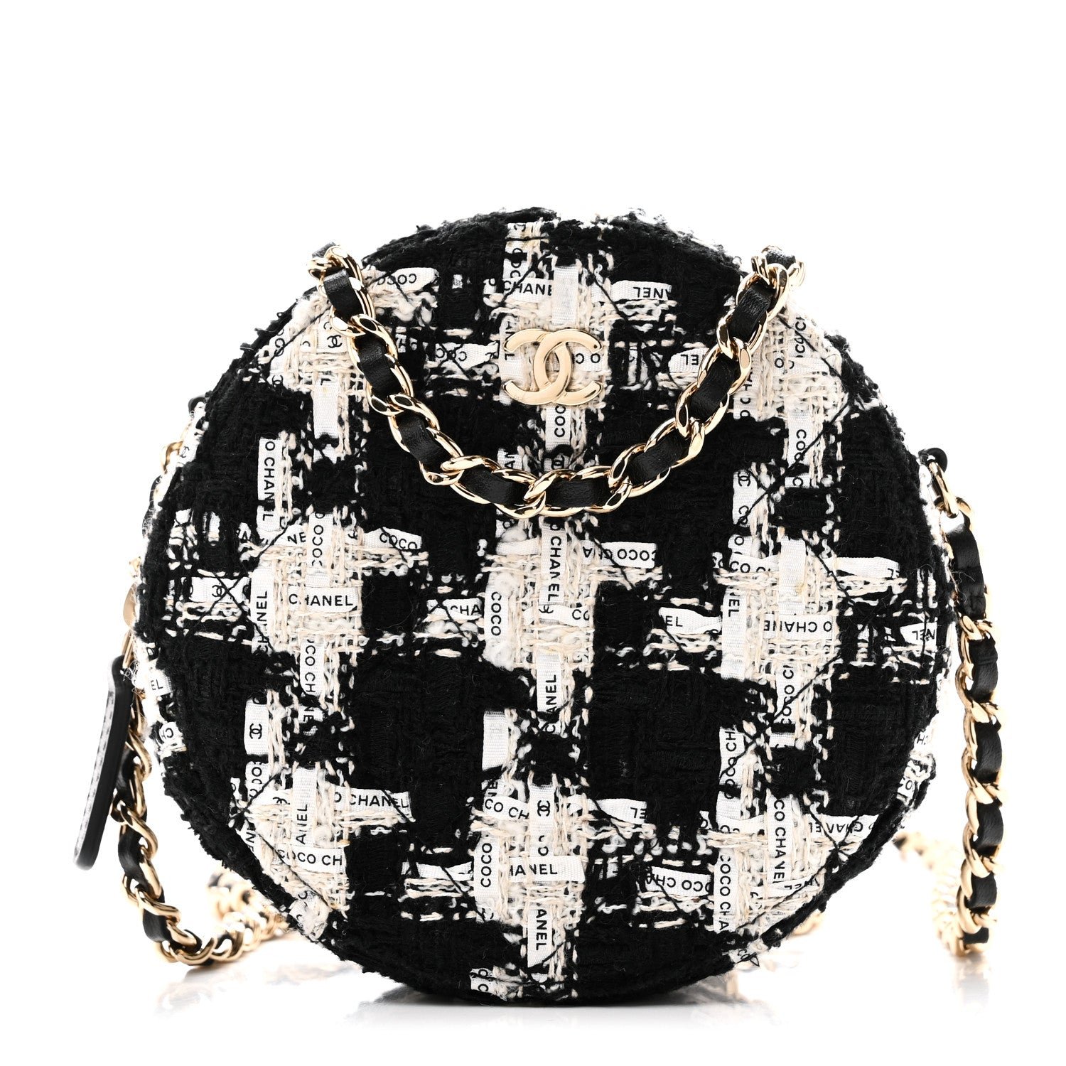 Chanel Tweed Quilted Round Clutch With Chain Black Ecru White