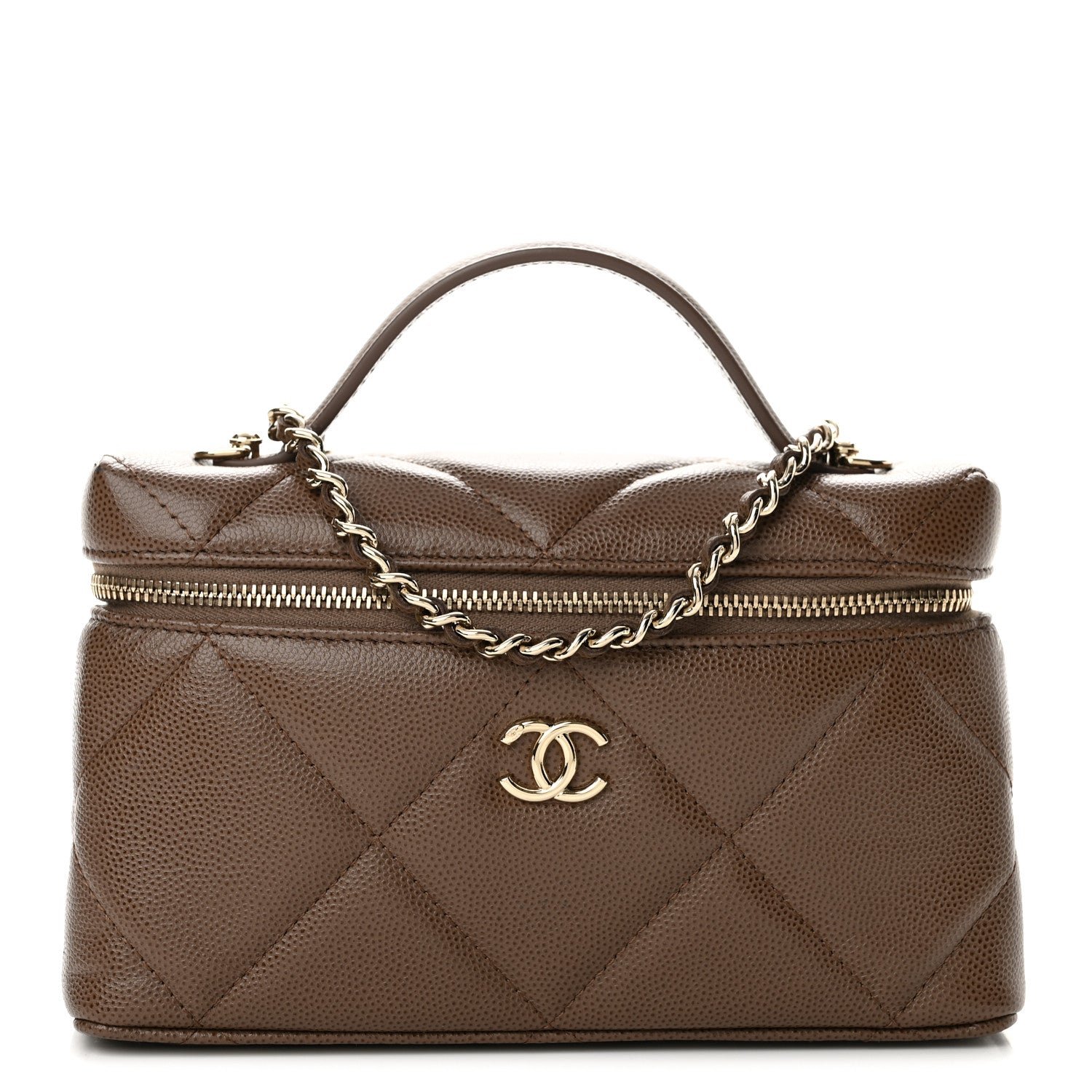 Chanel Caviar Quilted Top Handle Slim Vanity With Chain Light Brown