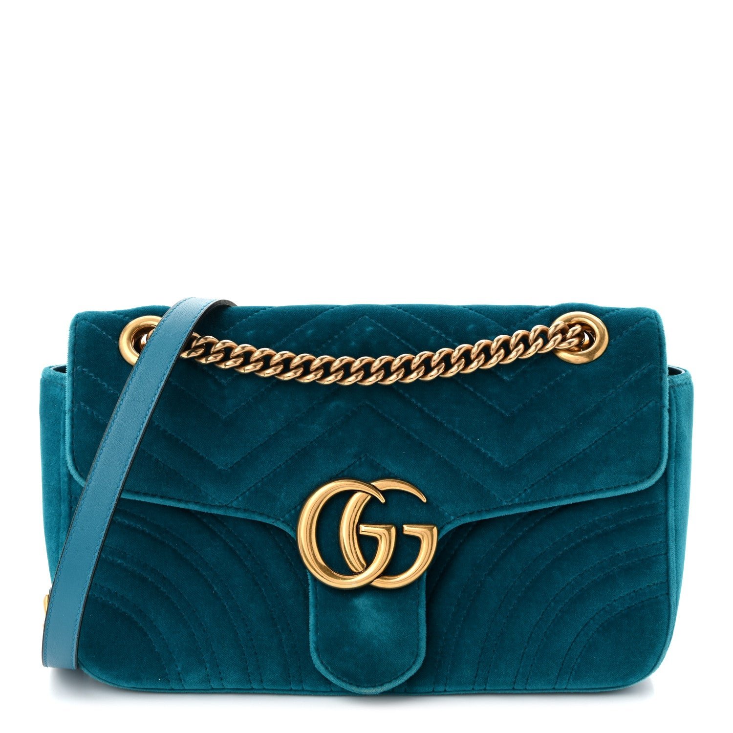 Gucci Velvet Matelasse Small GG Marmont Shoulder Bag Pavone Cyan