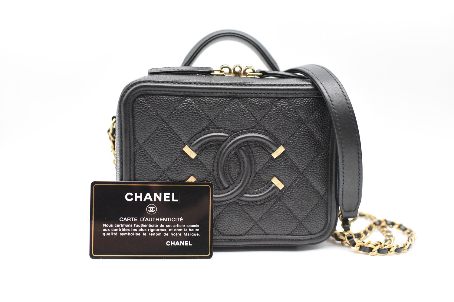 Chanel Chanel Vanity Filigree Mini, Black Caviar Leather, Brushed Gold Hardware, Preowned in Dustbag