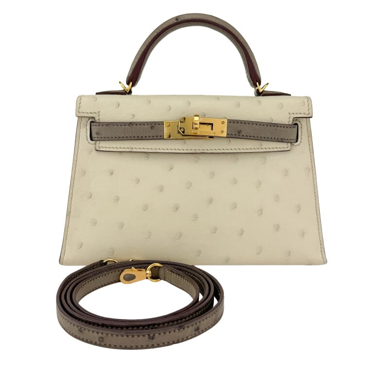 Nata and Gris Tourterelle Ostrich HSS Mini Kelly 20 II Gold Hardware, 2022