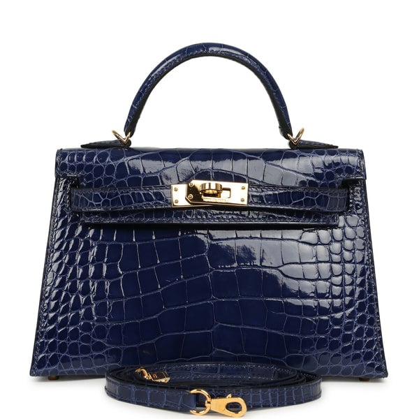 Pre-owned Hermes Kelly Sellier 20 Bleu Saphir Shiny Alligator Gold Hardware