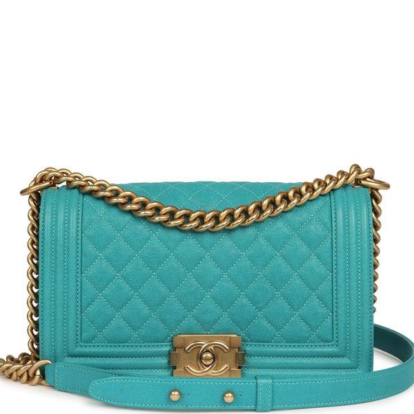 Pre-owned Chanel Medium Boy Bag Turquoise Caviar Antique Gold Hardware