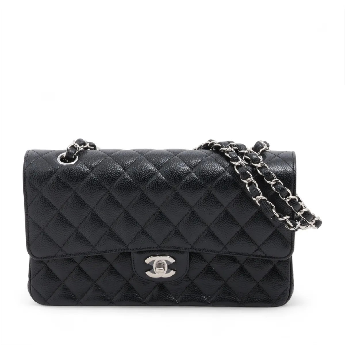 Chanel Matelasse 25 Caviar Skin Double Flap Double Chain Bag Black Silver Metal