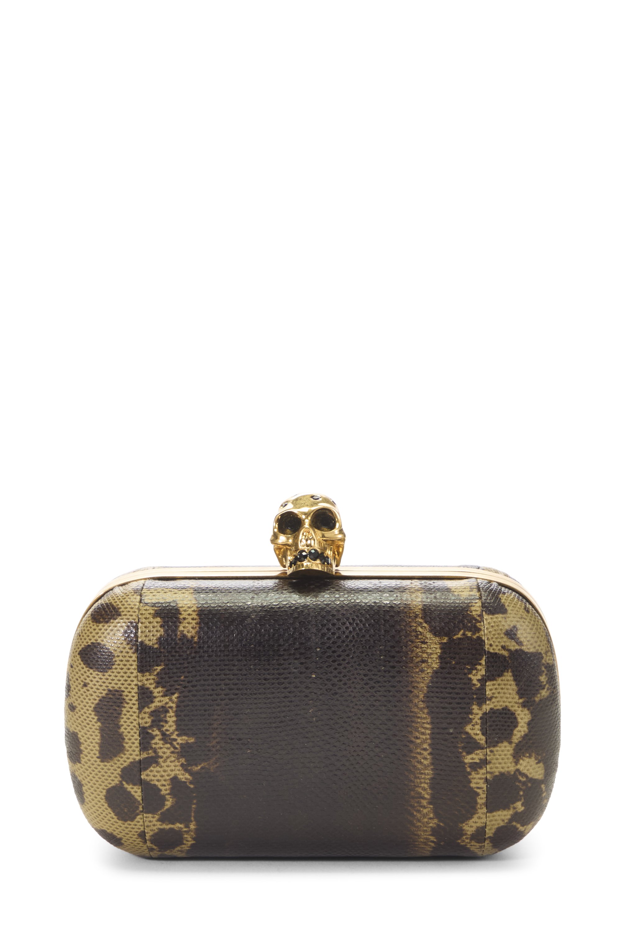 Brown Embossed Leather Skull Box Clutch