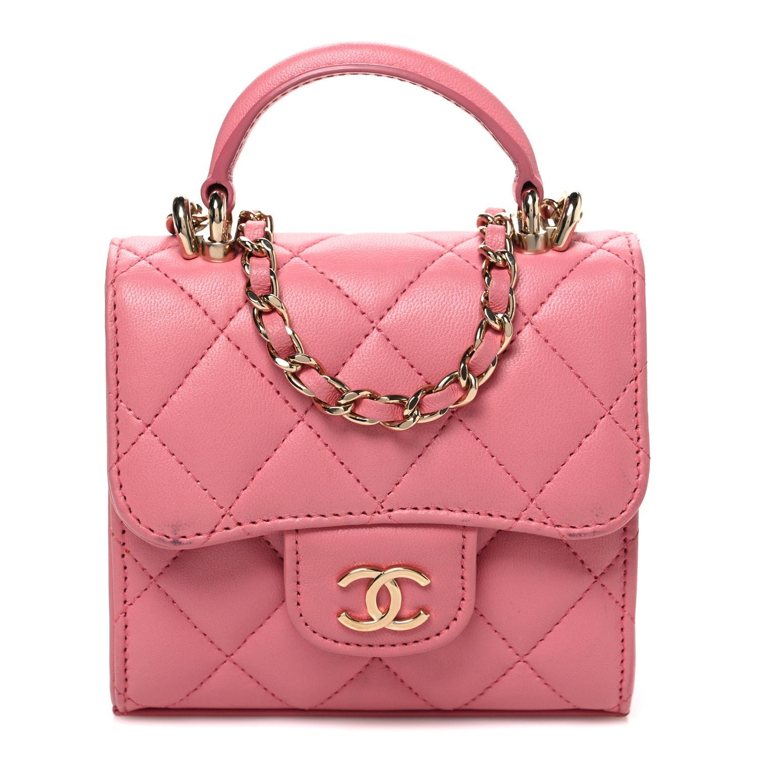 Chanel Lambskin Quilted Top Handle Clutch With Chain Pink