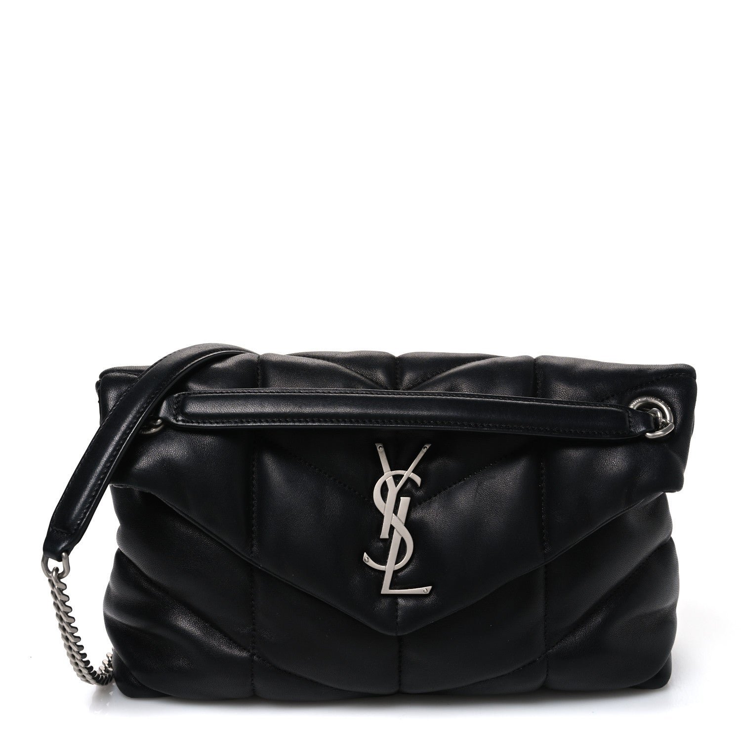 Saint Laurent Lambskin Quilted Small Loulou Puffer Monogram Chain Satchel Black