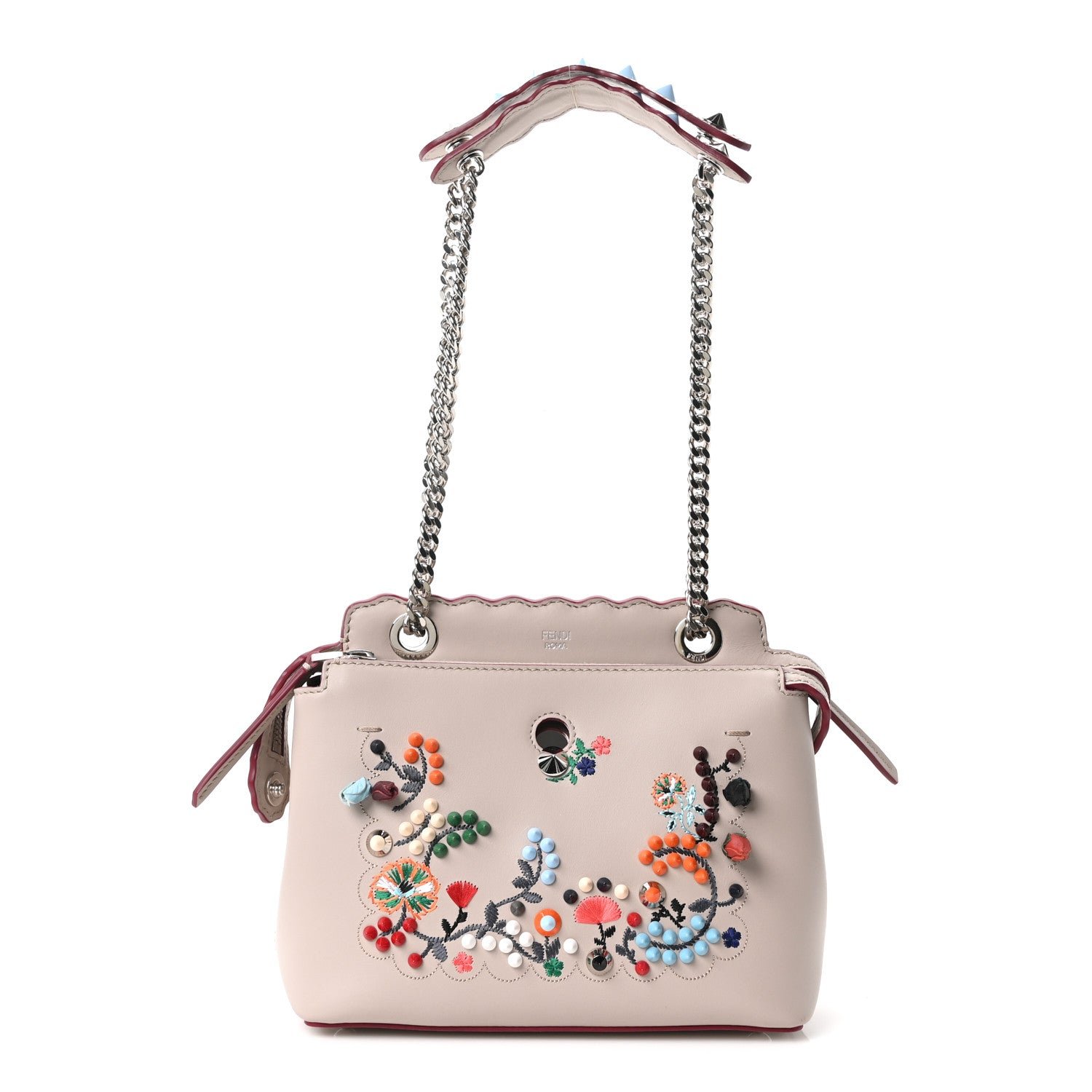 Fendi Vitello Baltico Nappa Flowerland Studded Small Dotcom Click Chain Satchel Grey Powder Multicolor