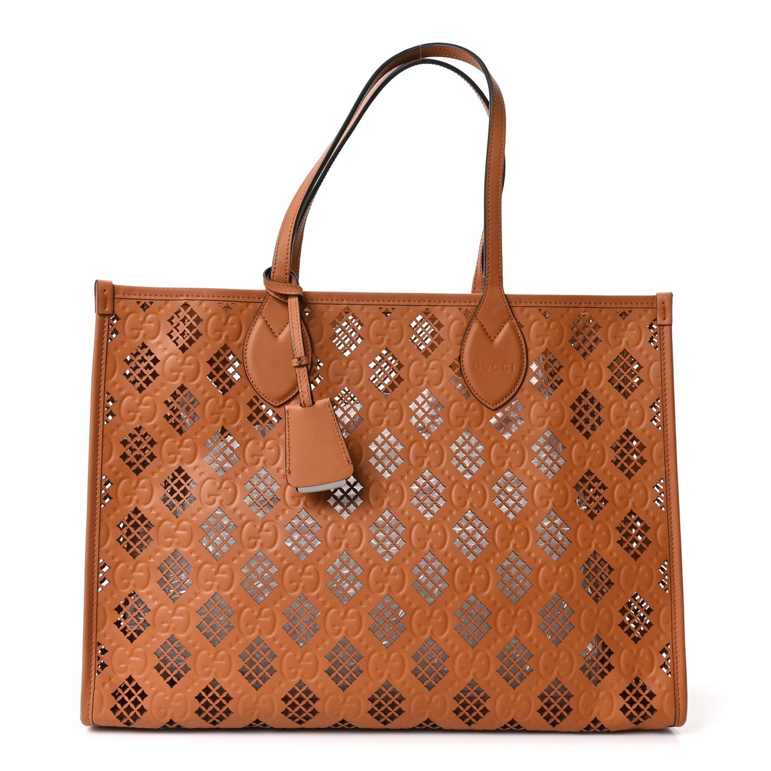 Gucci Calfskin GG Monogram Diamond Cut Medium Ophidia Tote Bag Brown