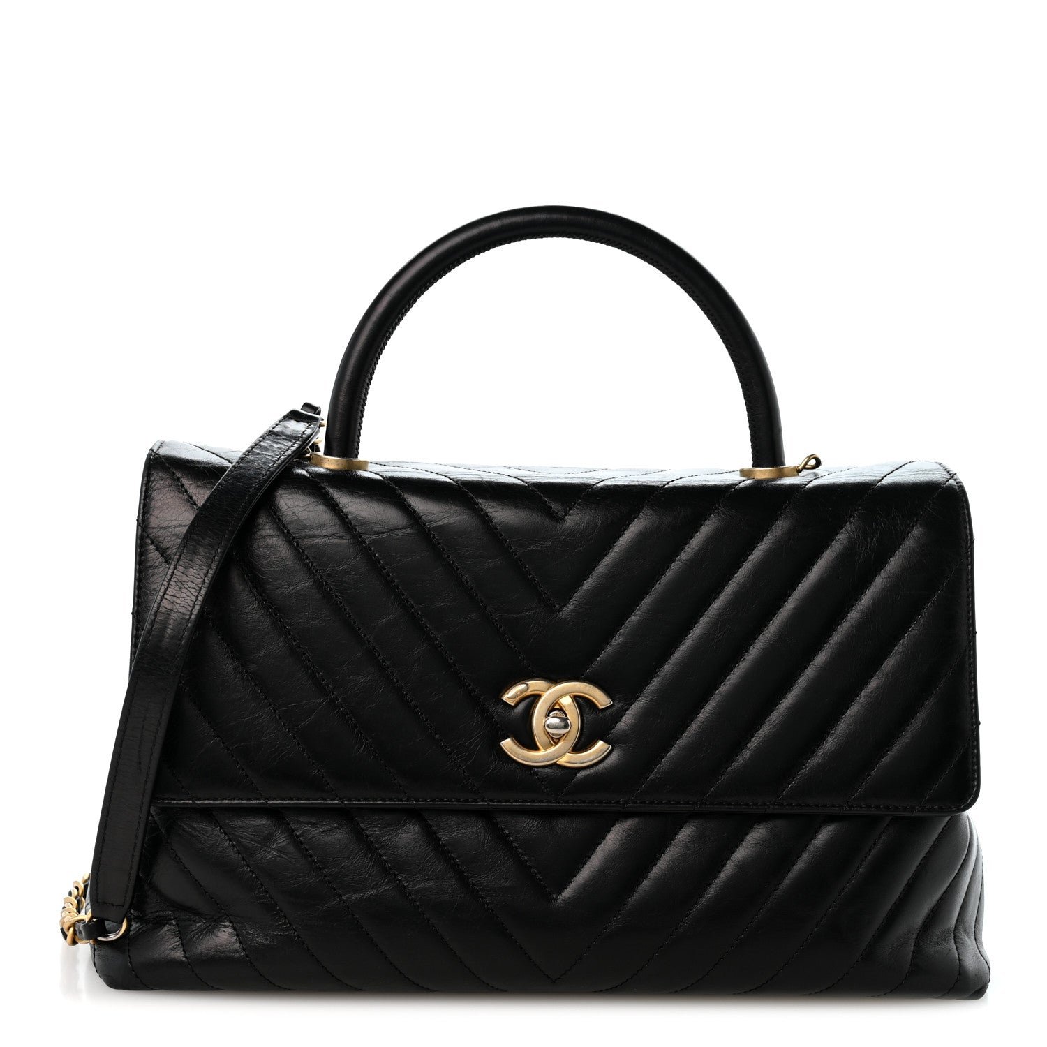 Chanel Calfskin Chevron Quilted Medium Coco Handle Flap Black
