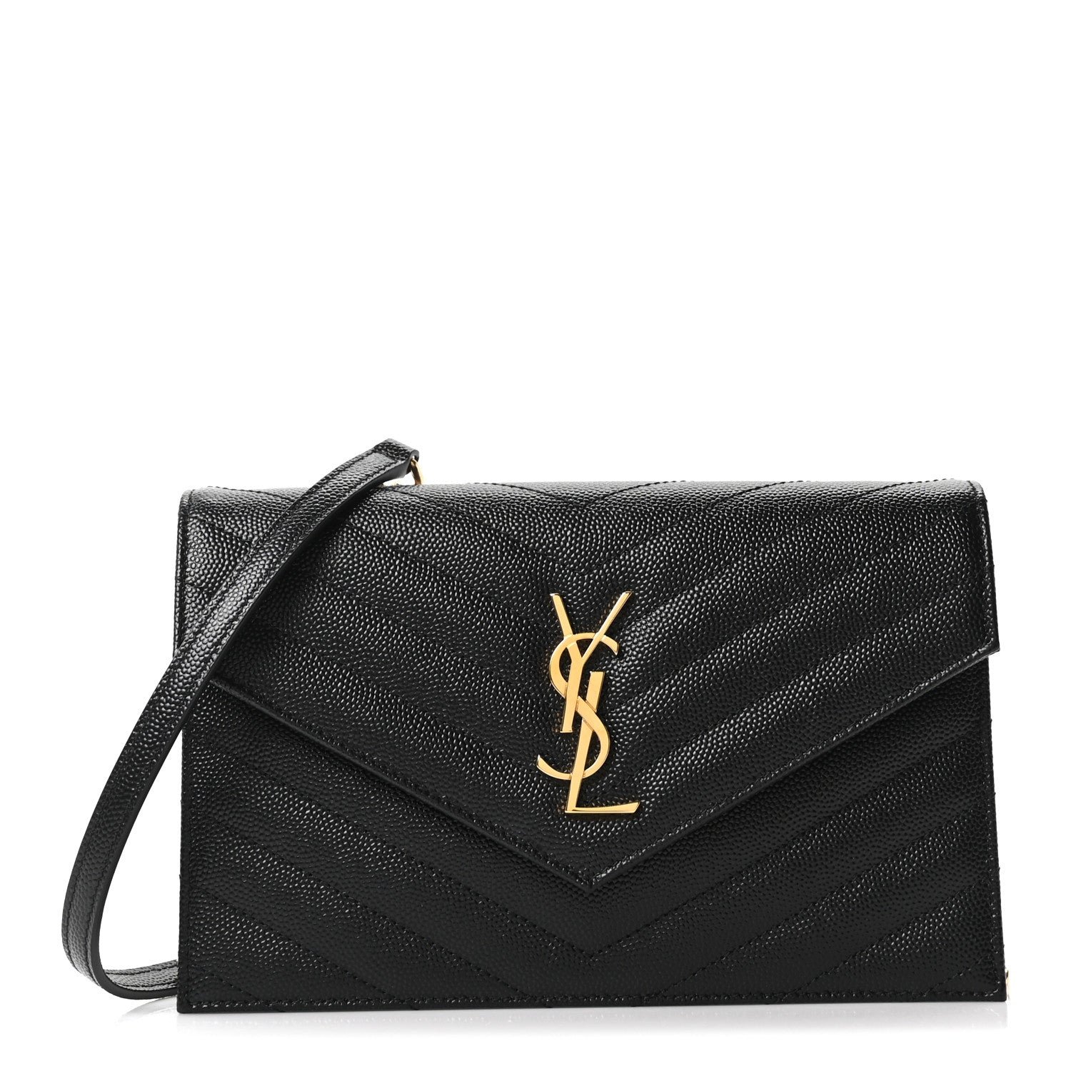 Saint Laurent Grain De Poudre Matelasse Chevron Monogram Envelope Chain Wallet Black