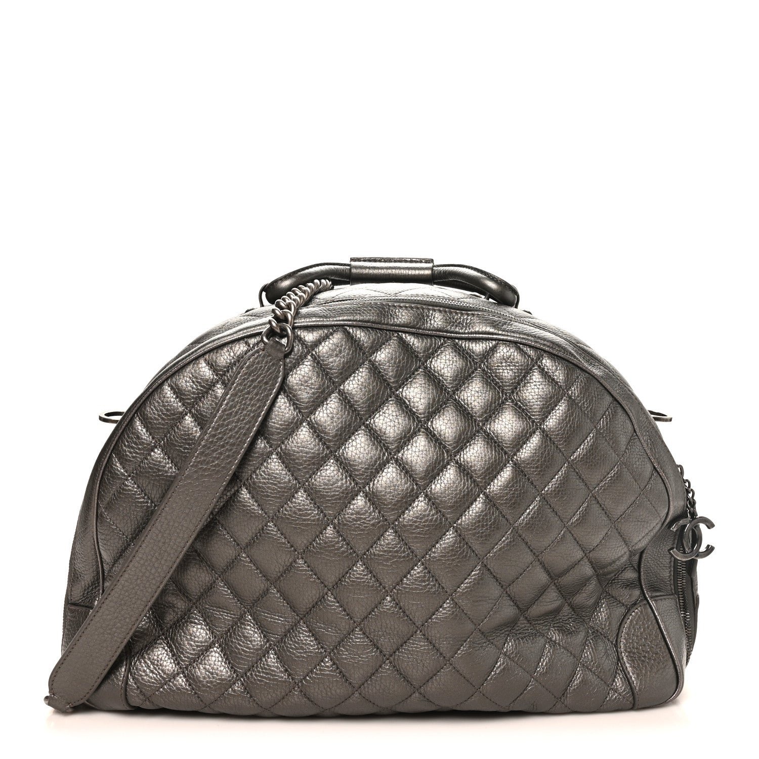 Chanel Metallic Calfskin Quilted Medium Airlines Round Trip Bowling Bag Silver