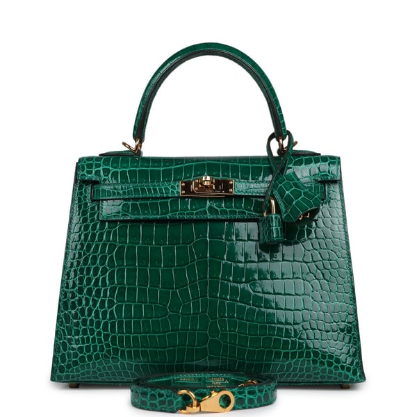 Pre-owned Hermes Kelly Sellier 25 Emerald Shiny Porosus Crocodile Gold Hardware