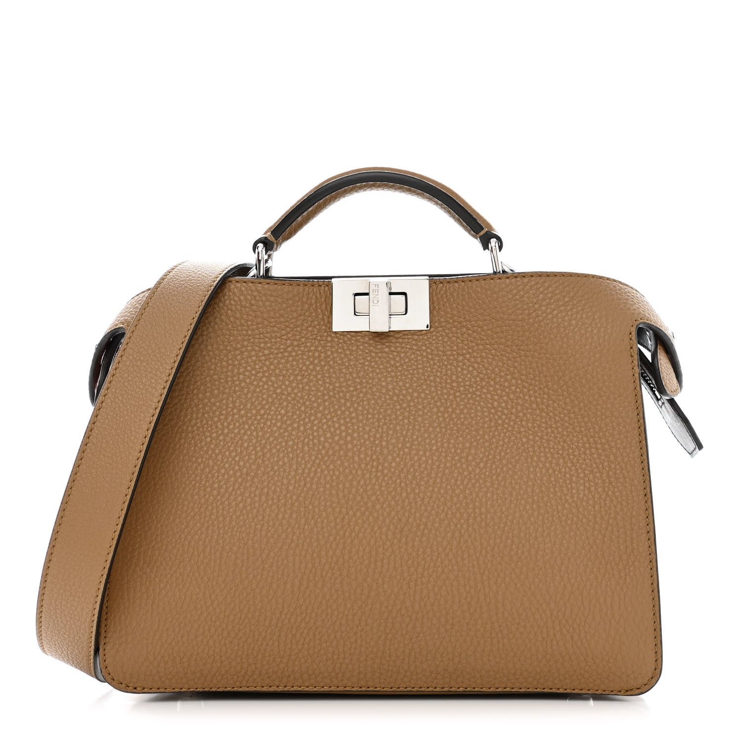 Fendi Cuoio Romano Vitello Cover Glazed Fabric Bi-Color FF 1974 Mini Peekaboo I SEE U Satchel Sand Tobacco Moro
