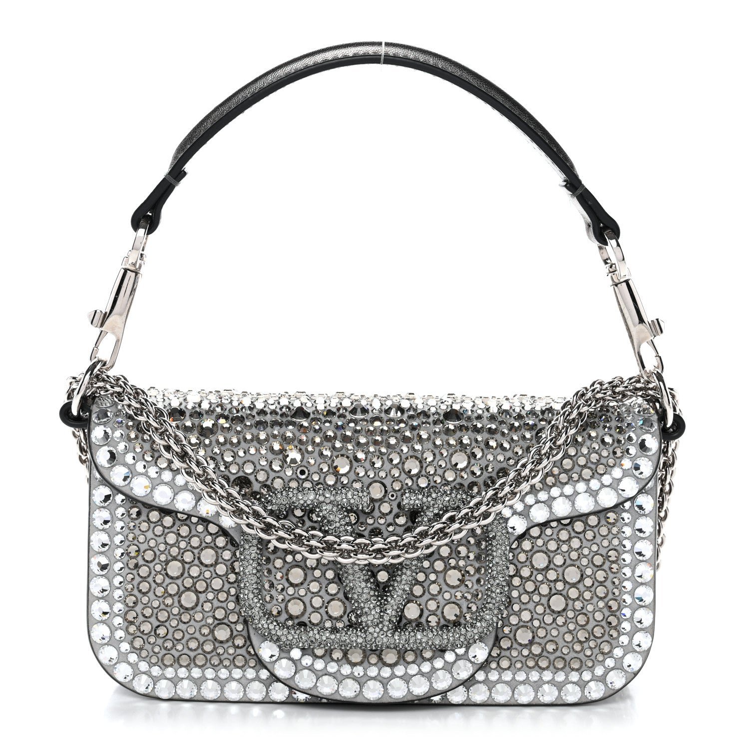 Valentino Garavani Valentino Garavani Crystal Suede Enamel Vlogo Small Loco Shoulder Bag Silver
