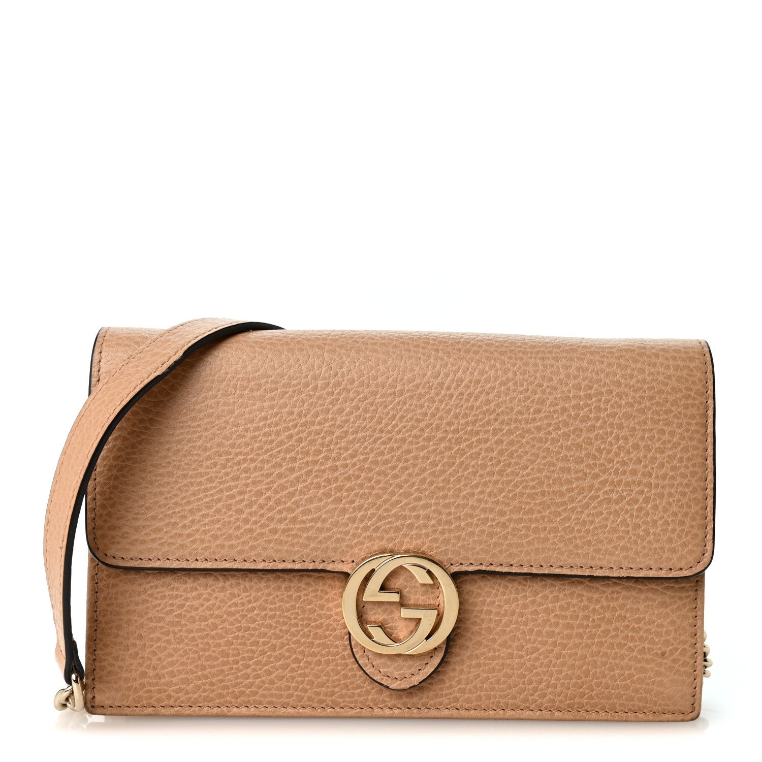 Gucci Dollar Calfskin Interlocking G Chain Wallet Camelia