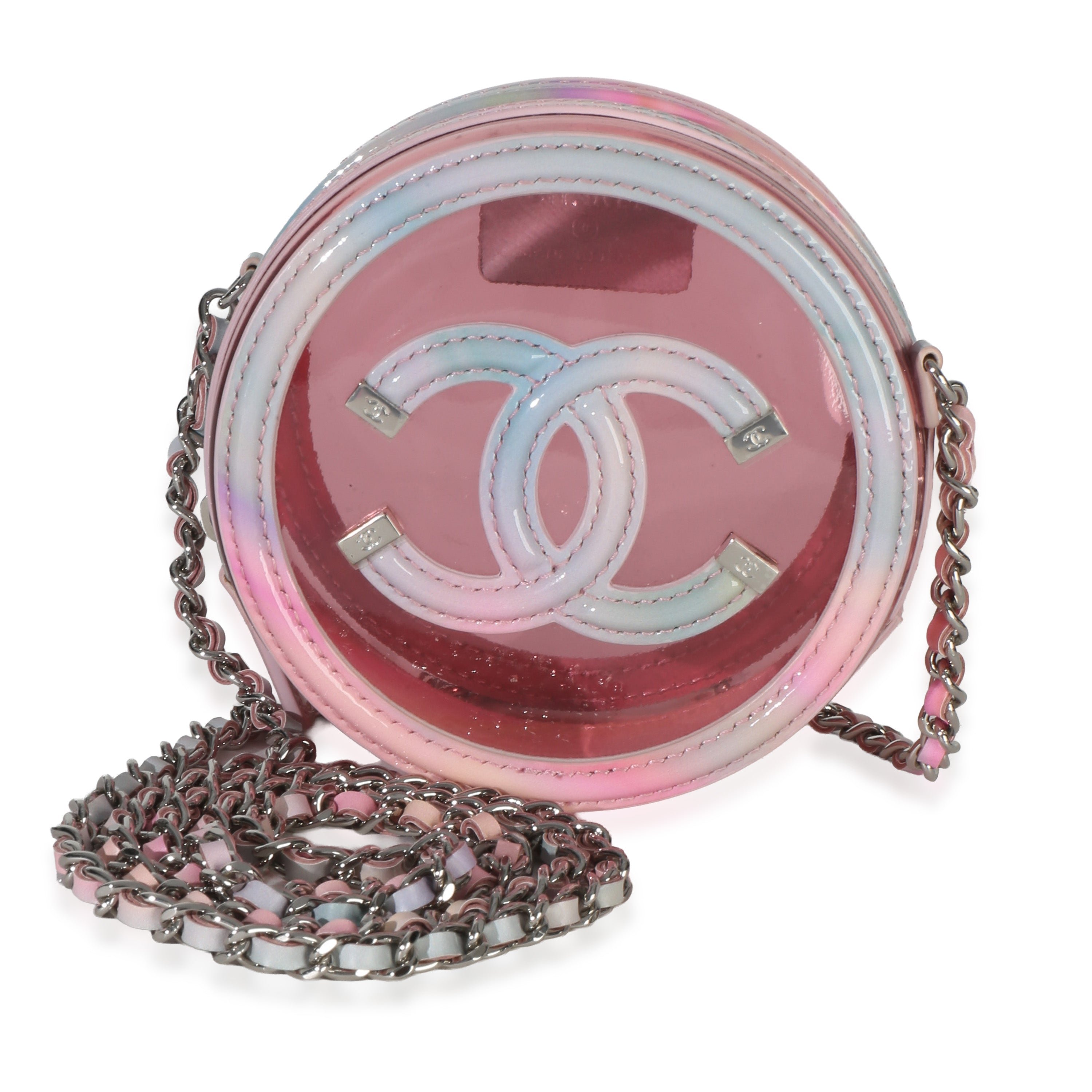 Pink Multicolor PVC Lambskin Filigree Round Clutch With Chain