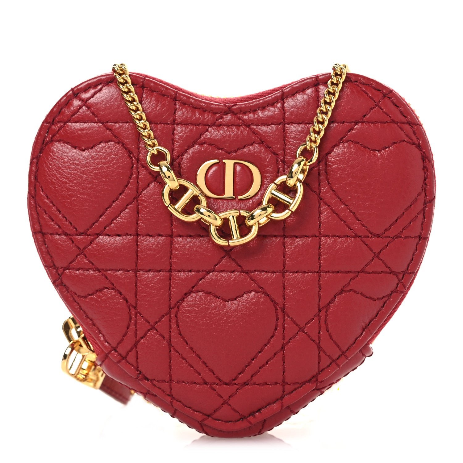 Dior Calfskin Cannage Dioramour Caro Heart Pouch With Chain Bright Red