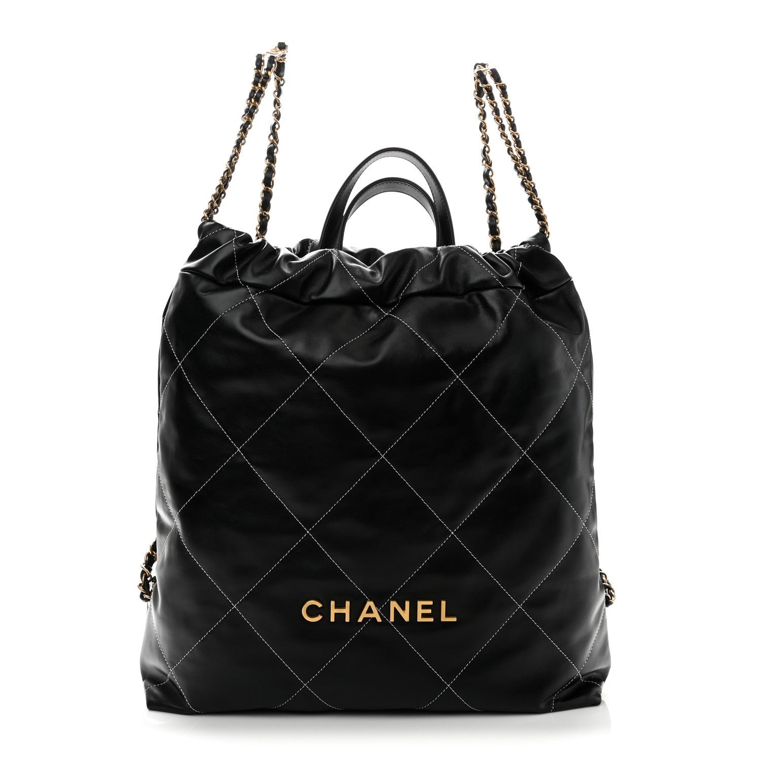Chanel Shiny Calfskin Stitched Quilted Chanel 22 Backpack Black
