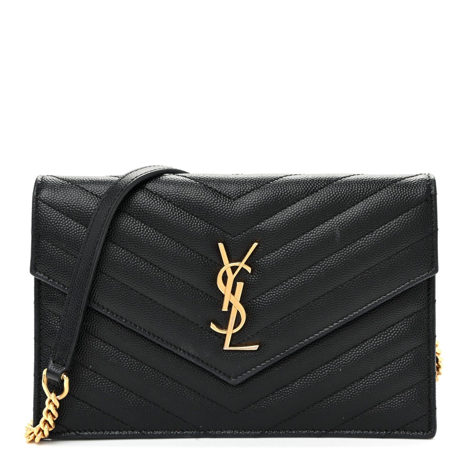 Saint Laurent Grain De Poudre Matelasse Chevron Monogram Envelope Chain Wallet Black