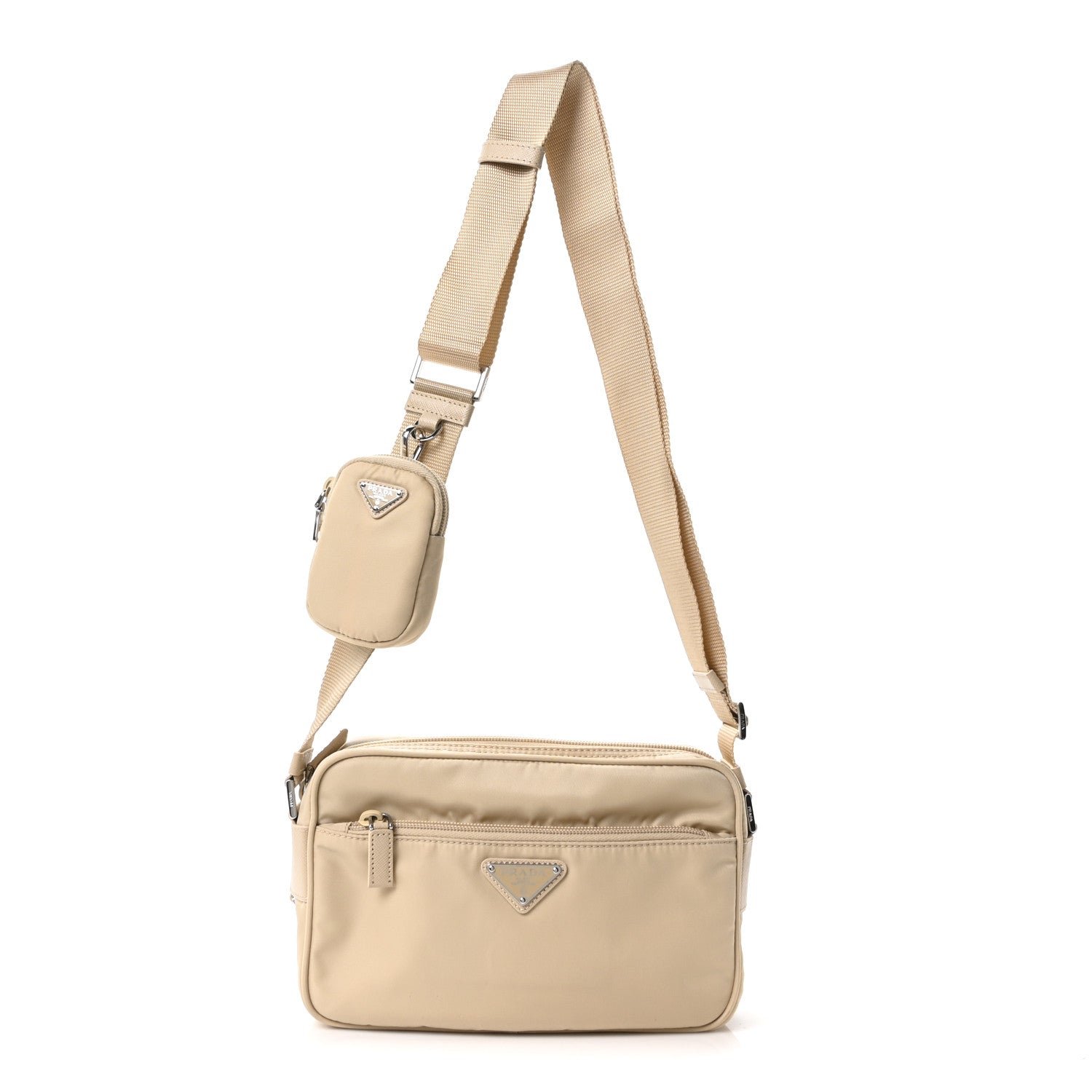Prada Re-Nylon Vela Saffiano Double Zip Shoulder Bag Beige