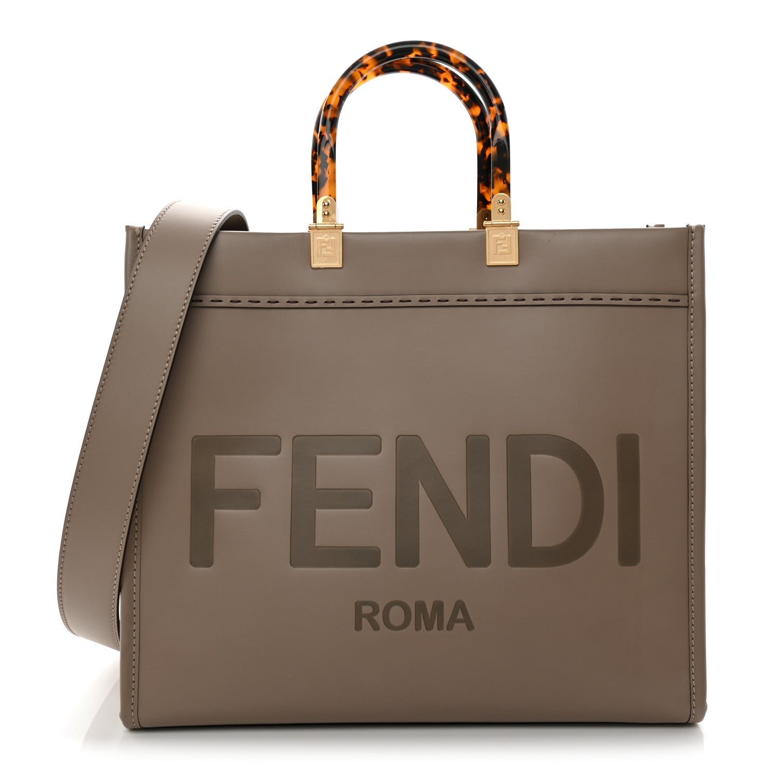 Fendi Vitello King Plexiglass Logo Embossed Medium Fendi Sunshine Shopper Tote Tortora