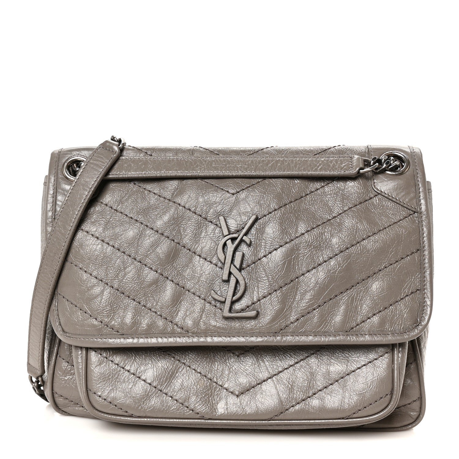 Saint Laurent Crinkled Calfskin Matelasse Monogram Medium Niki Chain Satchel Fog