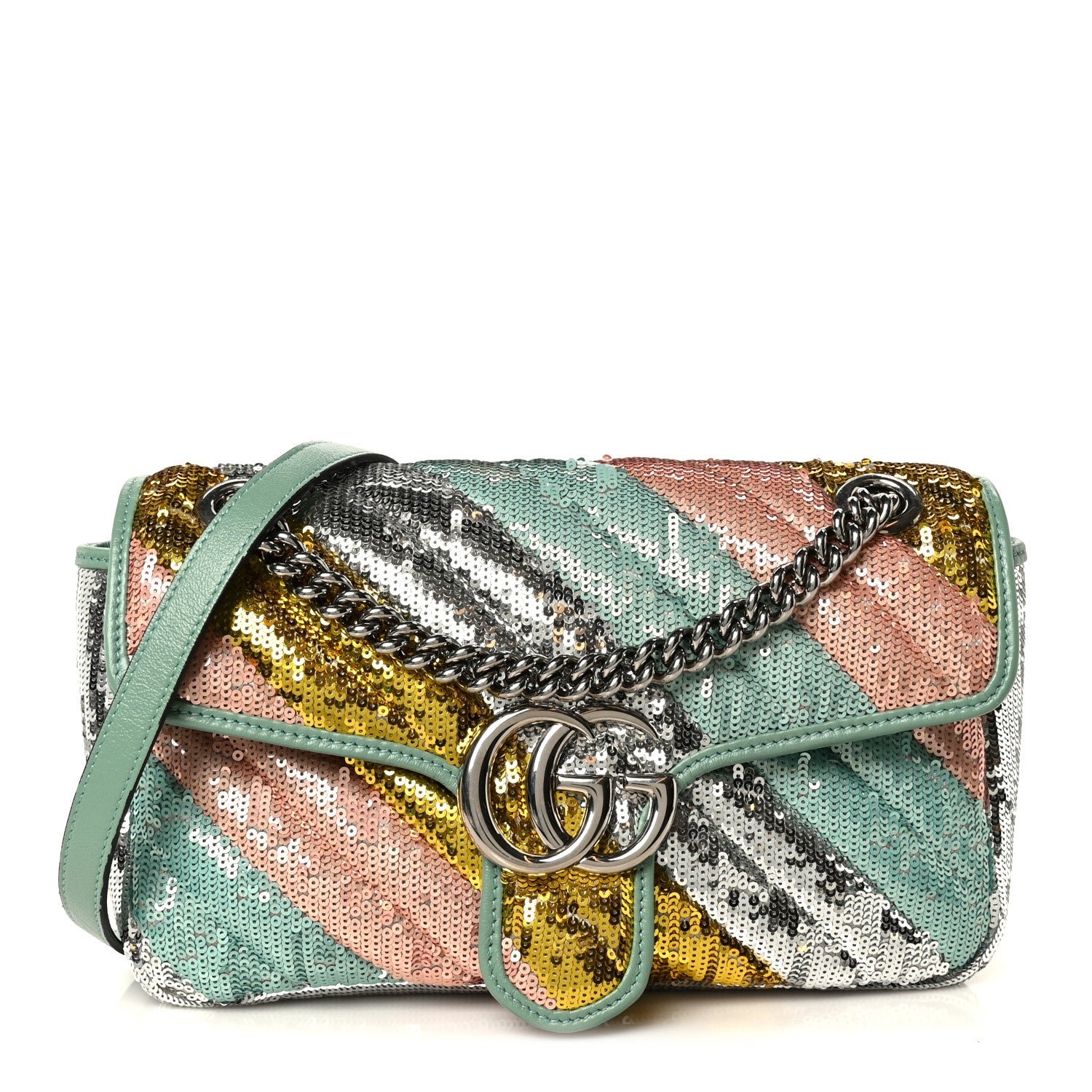 Gucci Gucci Sequin Satin Calfskin Matelasse Diagonal Small GG Marmont Shoulder Bag Grigio Argento Verde Chiaro Rosa Giallo Light Water Green