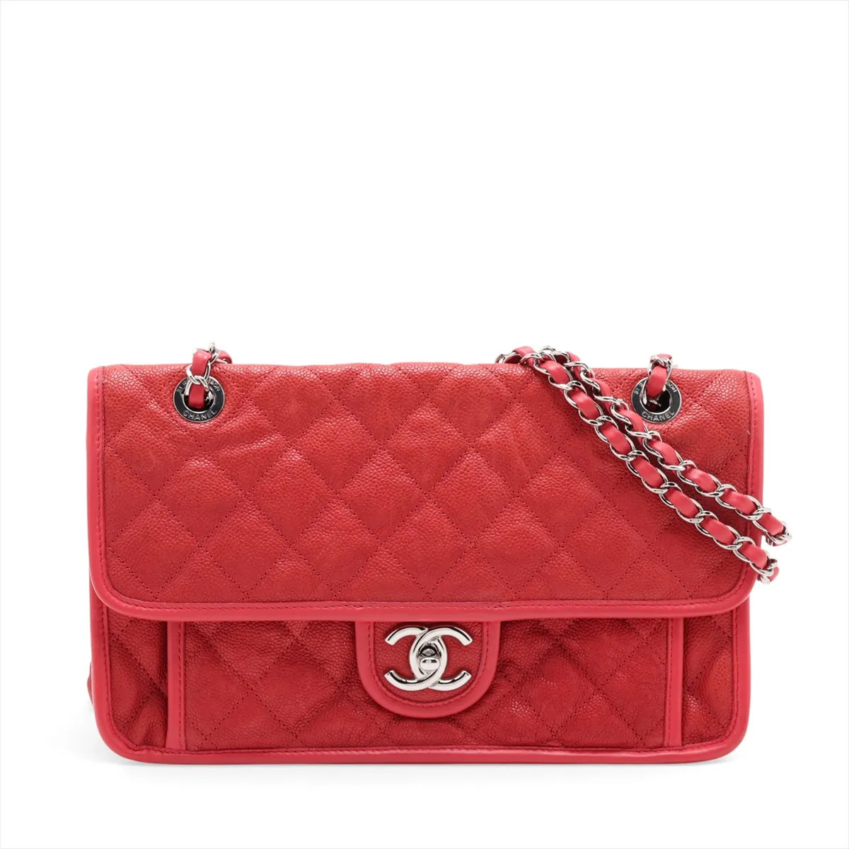 Chanel French Riviera Caviar skin x lambskin Single Flap Double Chain Bag Red Si