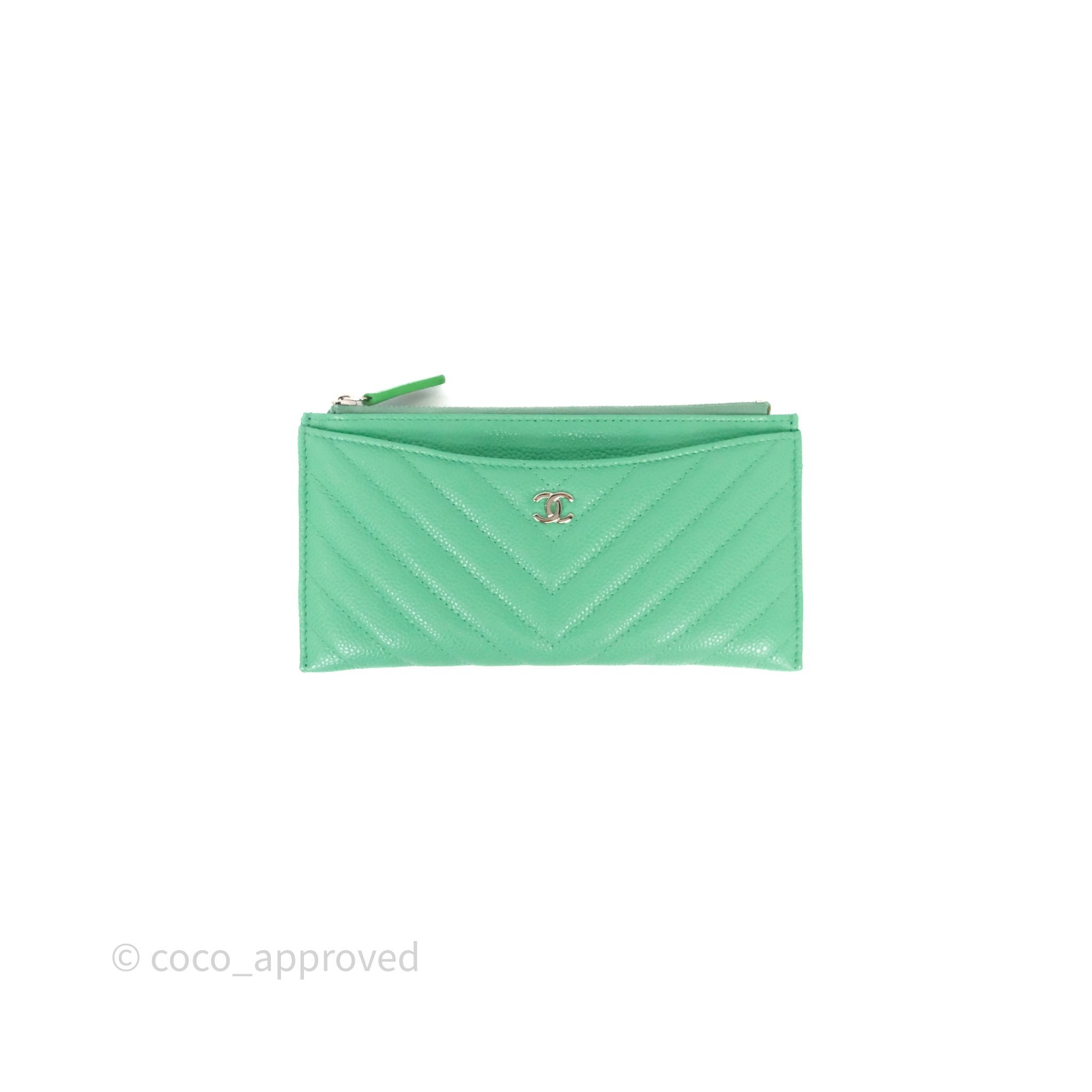 Chanel Long Zip Chevron Green Wallet Silver Hardware