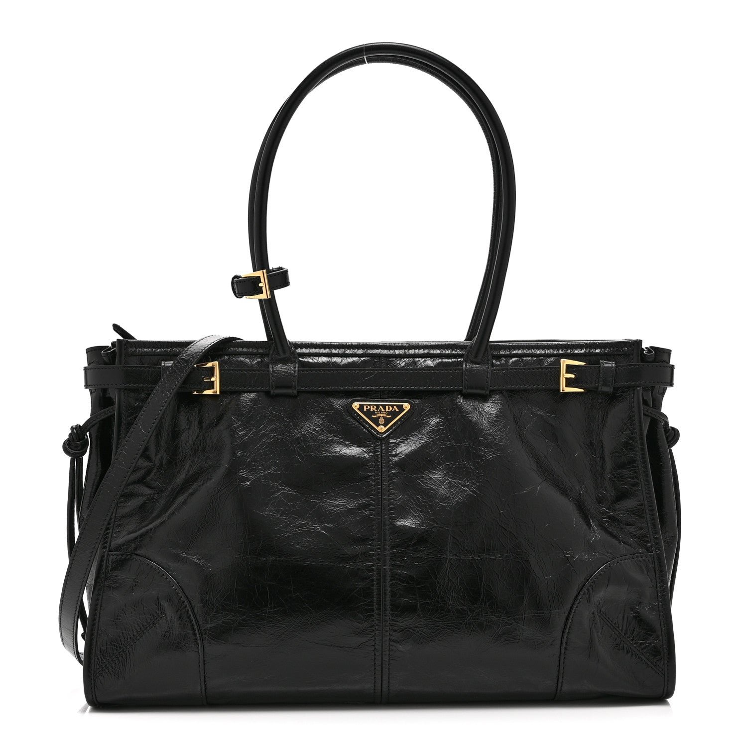 Prada Glossy Calfskin Triangle Large Bonnie Shoulder Bag Black