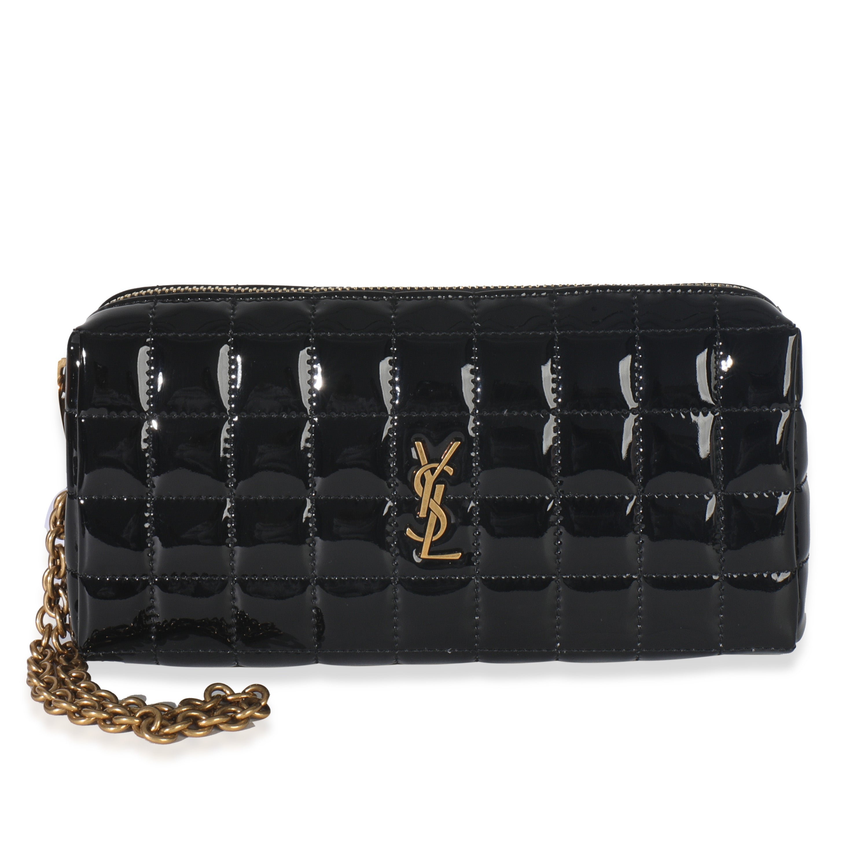 Saint Laurent Black Matelasse Patent Cassandre Carre Pouch On Chain